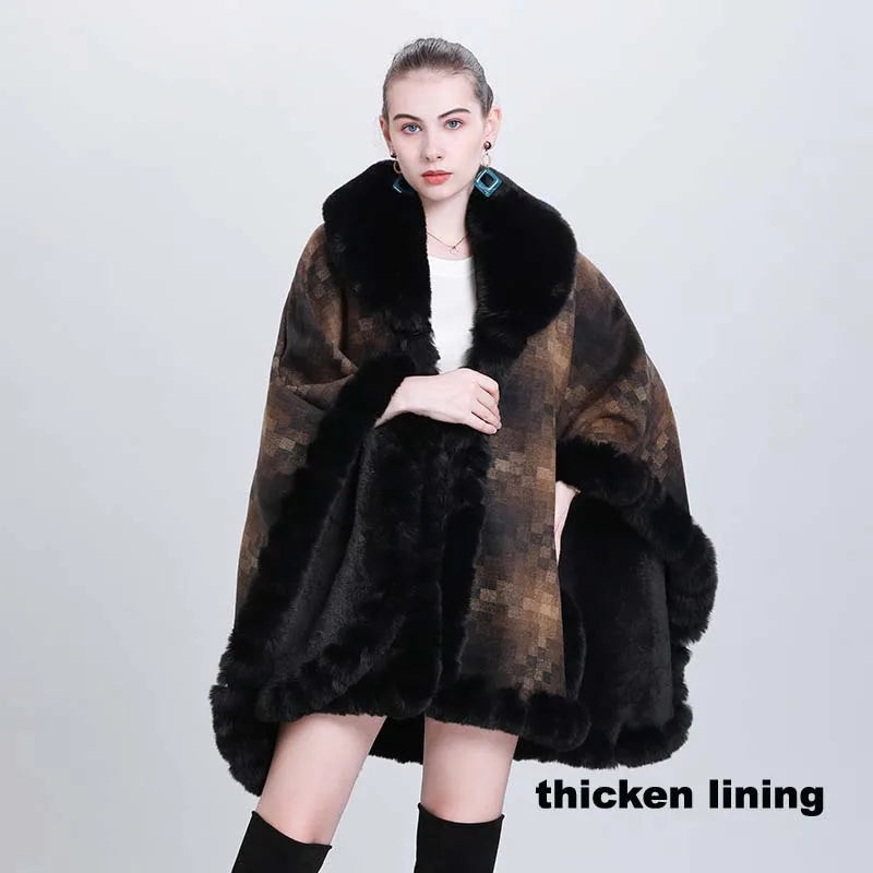 Women's Thicken Lining Woolen Faux Rabbit Fur Cloak Overcoat - Vintage Winter Cape - JVMCL