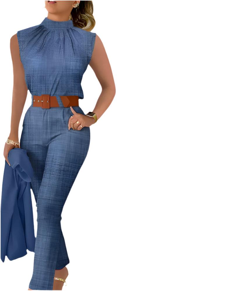 Elegant Summer Denim Blue 2-Piece Set – Stand Collar Sleeveless Top & High-Waist Pants - JVMCL