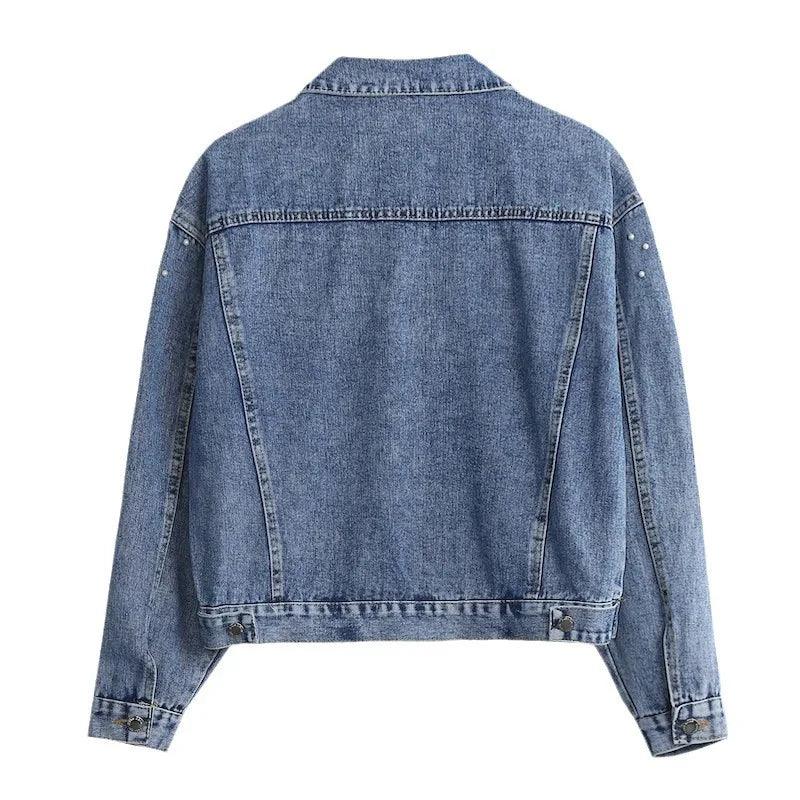 Women's Elegant Pearl Denim Coat – Loose Casual Autumn Work Jacket