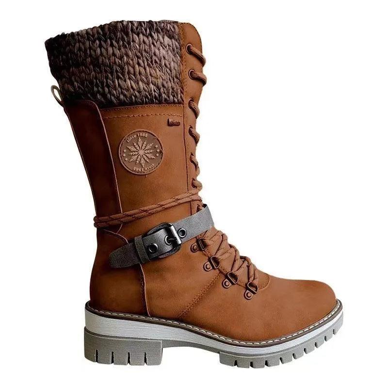 Women’s Winter Buckle Lace Knitted Mid-Calf Boots - JVMCL