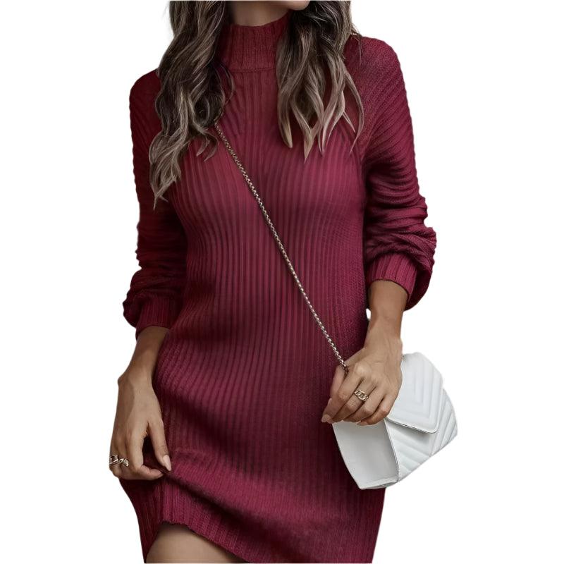 Office Lady Slim Fit Elegance Autumn/Winter High Neck Flare Sleeve Knit Dress - JVMCL