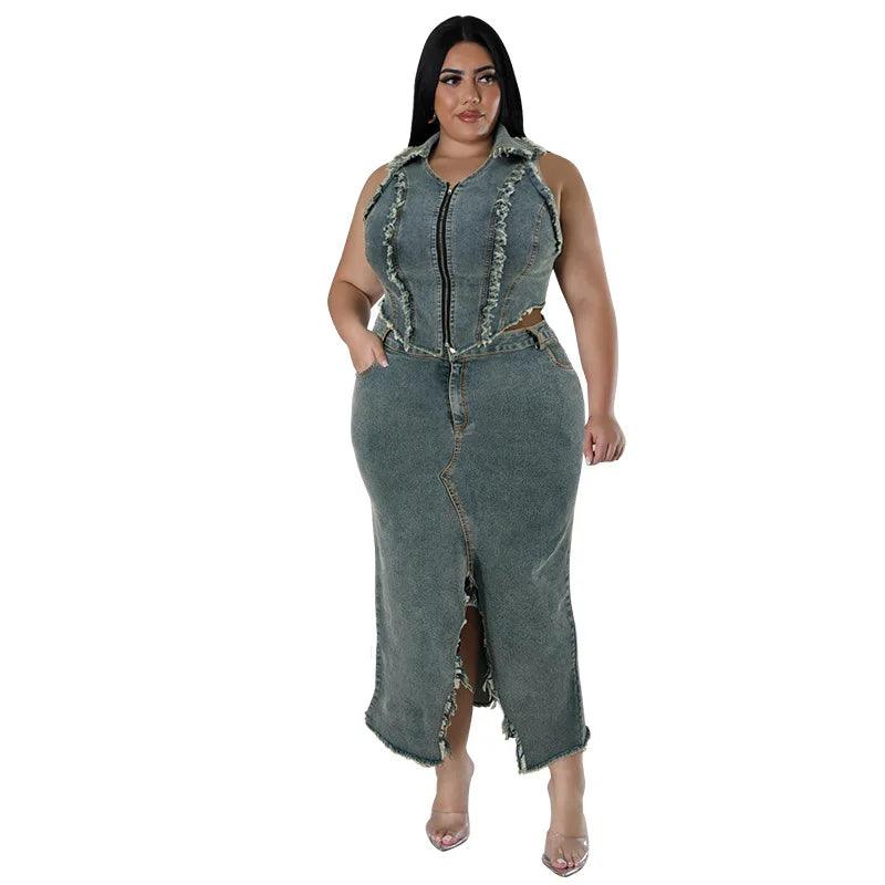 Stylish Design Plus Size Women Denim Jeans Skirt Two Pieces Set - JVMCL