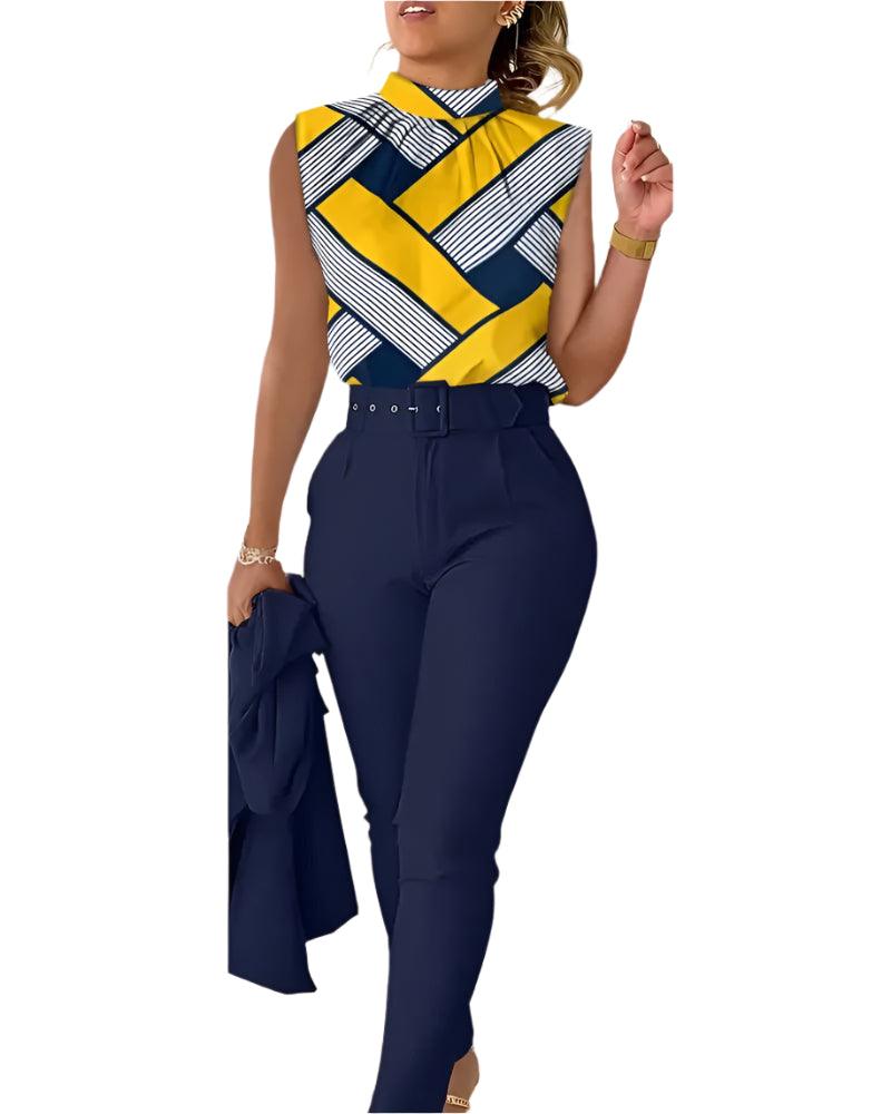 Elegant Summer Denim Blue 2-Piece Set – Stand Collar Sleeveless Top & High-Waist Pants - JVMCL