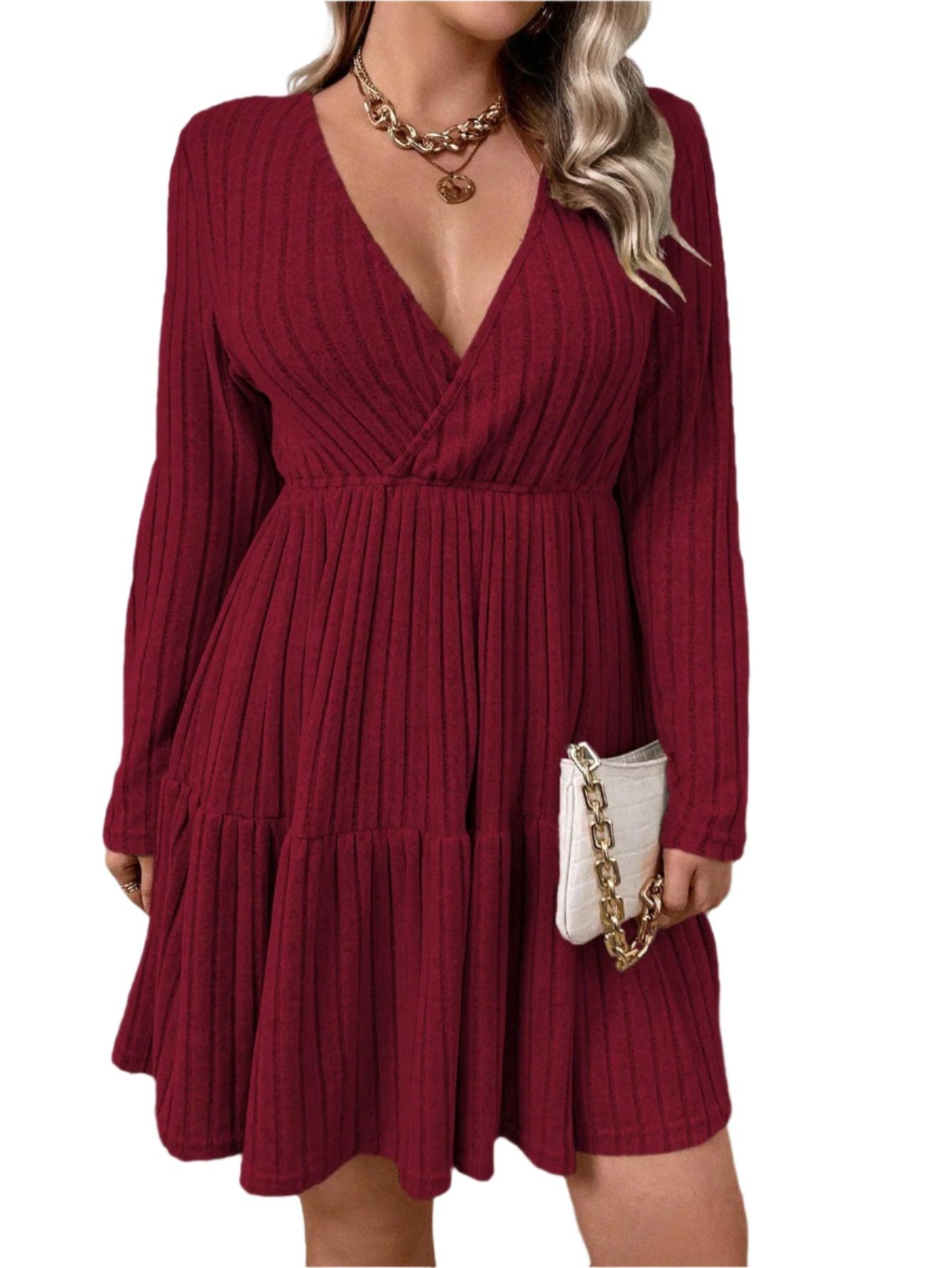 Winter Solid Plus Size Knitted Dress Women Casual V-Neck Long Sleeve Sweater Dress Ladies Elegant Large Pleated Short Dress - JVMCL