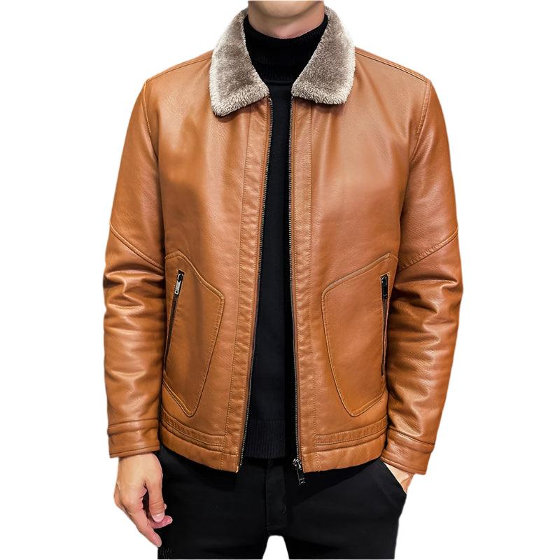 Men's Casual Motorcycle Windbreaker with Fur Collar Faux Leather Slim Fit Jacket - JVMCL