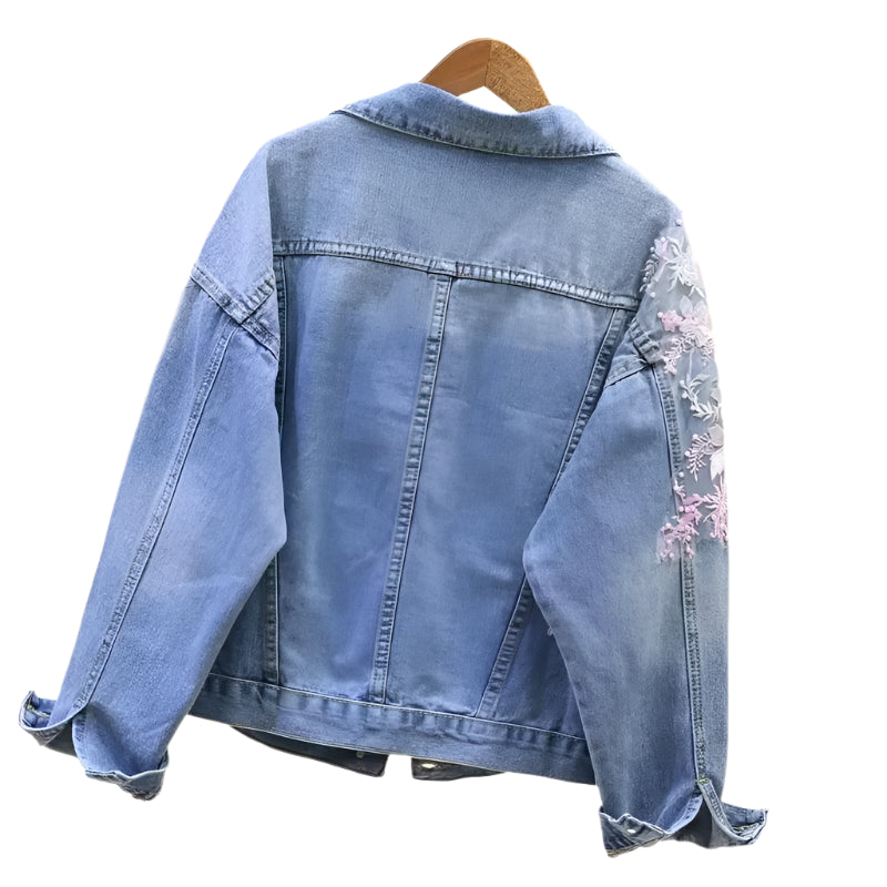 Women's 3D Flower Embroidered Denim Jacket – Loose Fit Korean Style Outerwear