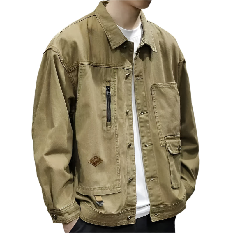 Men’s Retro Zippered Denim Jacket – Classic Workwear with a Modern Edge