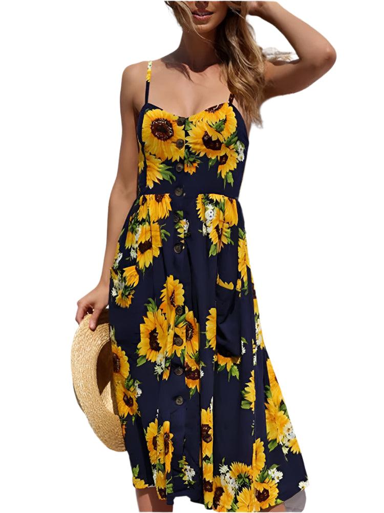 Elegance and Vintage Striped Floral Button-Up Boho Midi Sundress - JVMCL