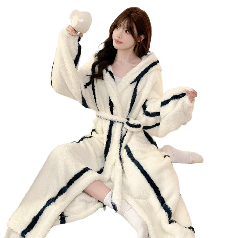 Winter Long Sleeve Hooded Flannel Kimono Robe – Cozy Plaid Bathrobe for Women - JVMCL