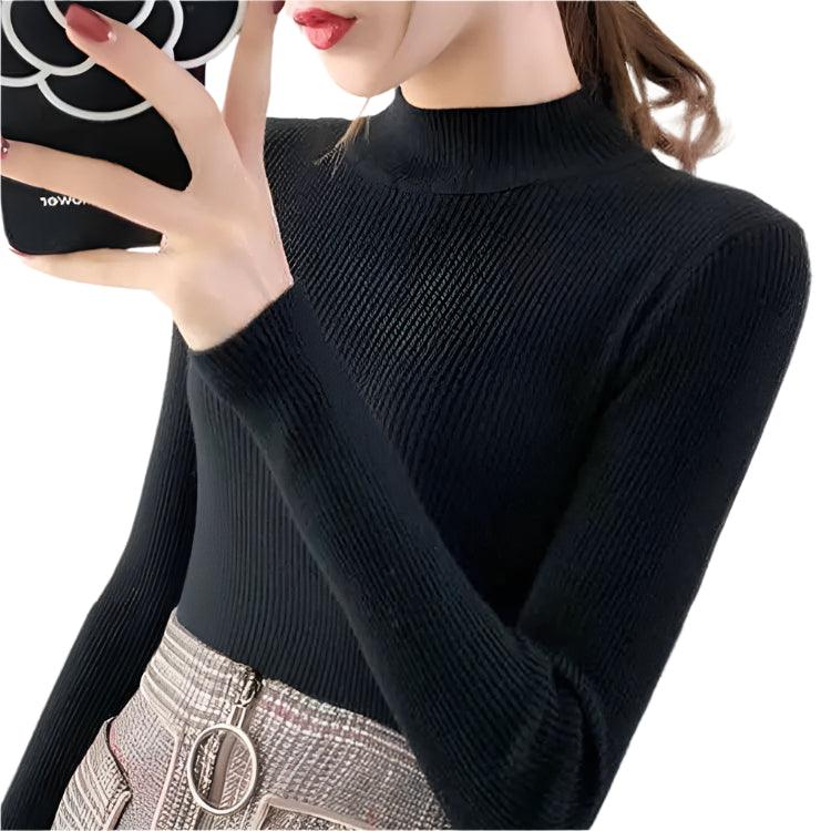 Autumn Winter Mock Neck Women Sweater - Vintage Basic Slim Knitted Casual Pullover - JVMCL