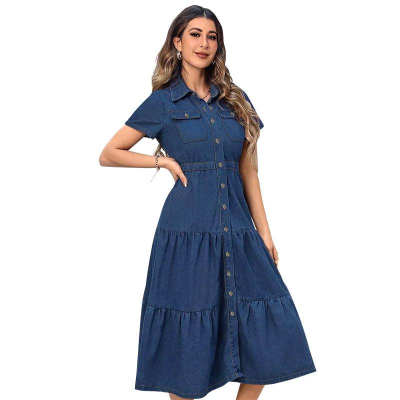 Short Sleeves Turn-Down Neckline Women’s High-Quality Denim Hollow-Out Dress - JVMCL