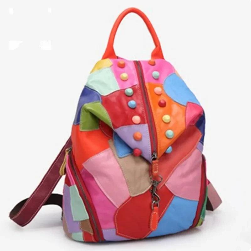 Women's Genuine Leather Backpack –Vintage Bucket Schoolbag with Patchwork Design - JVMCL