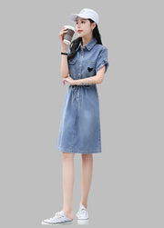 Women's Summer Slim Fit Lace-Up Single-Breasted Midi Denim Shirt Dress