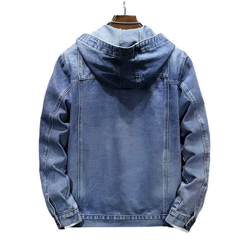 Men's Hooded Denim Jacket - Windproof Casual Coats, Large Pocket Sports Denim Jackets Solid Fashion Streetwear - JVMCL