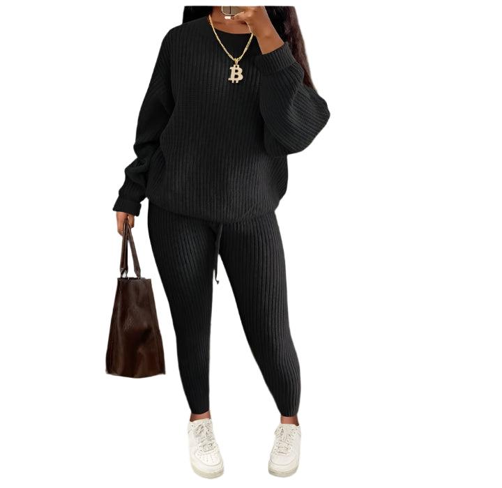 Two Piece Sets Fashion Round Neck Pullover Loose Knitted Sweater Pants Suits - JVMCL