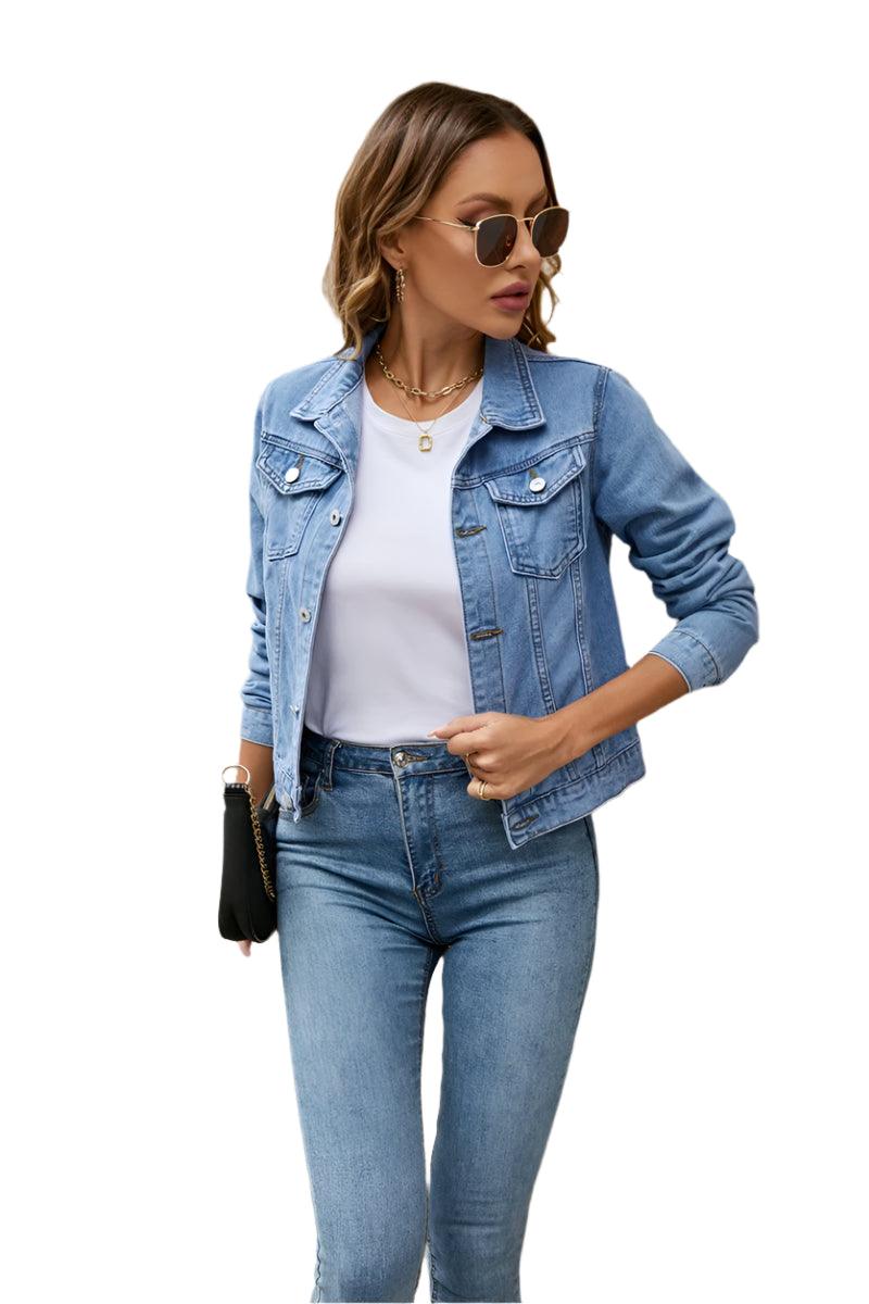 Women's Short Slim Denim Jacket -Casual Fall/Winter Jean Coat with Patch Details - JVMCL