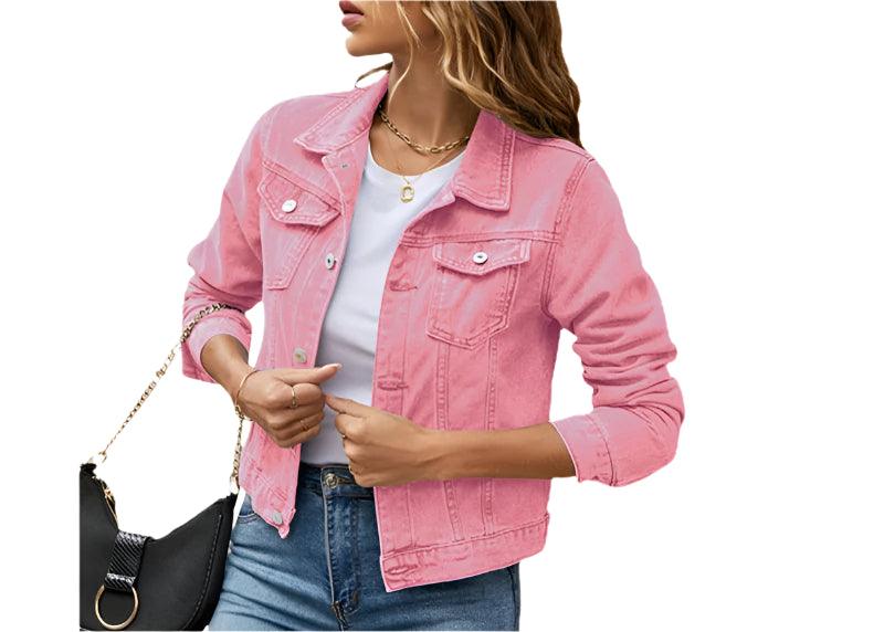 Women's Short Slim Denim Jacket -Casual Fall/Winter Jean Coat with Patch Details - JVMCL