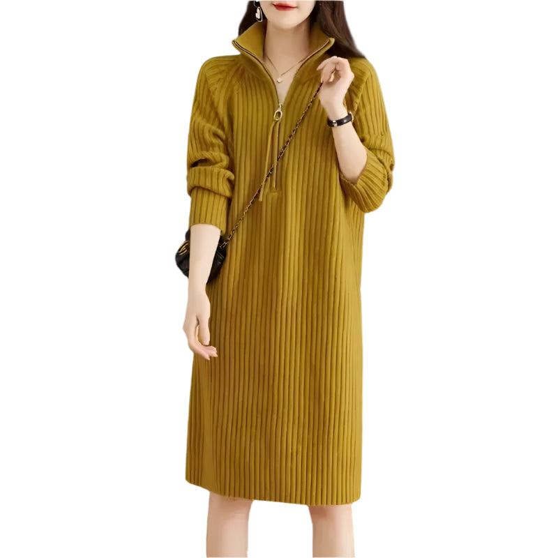 Autumn/Winter Medium Length Half Zipper Loose Casual Long Sleeve Trendy Knitted Dress - JVMCL