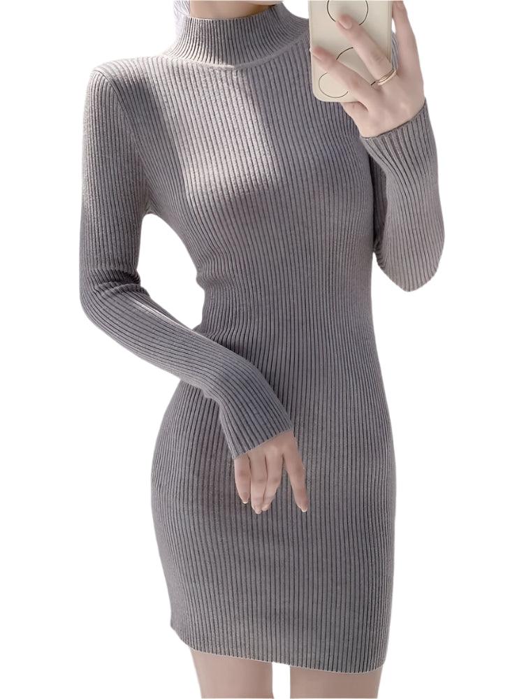 Women Mock Neck Long Sleeve Knit Sexy Bodycon Dress Autumn Winter - JVMCL