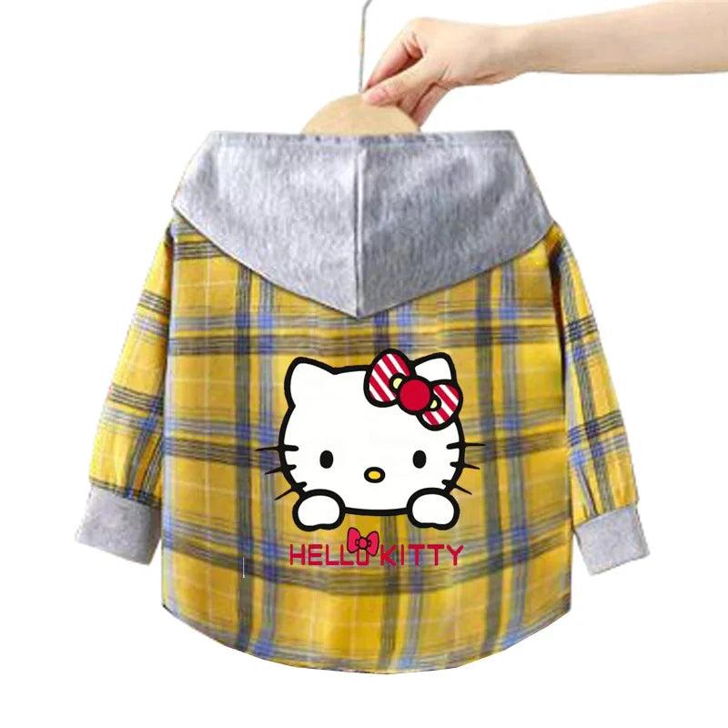 Kitty-Inspired Cute & Casual Hello Hooded Plaid Kids Shirt Outfit (1-12 Years) - JVMCL