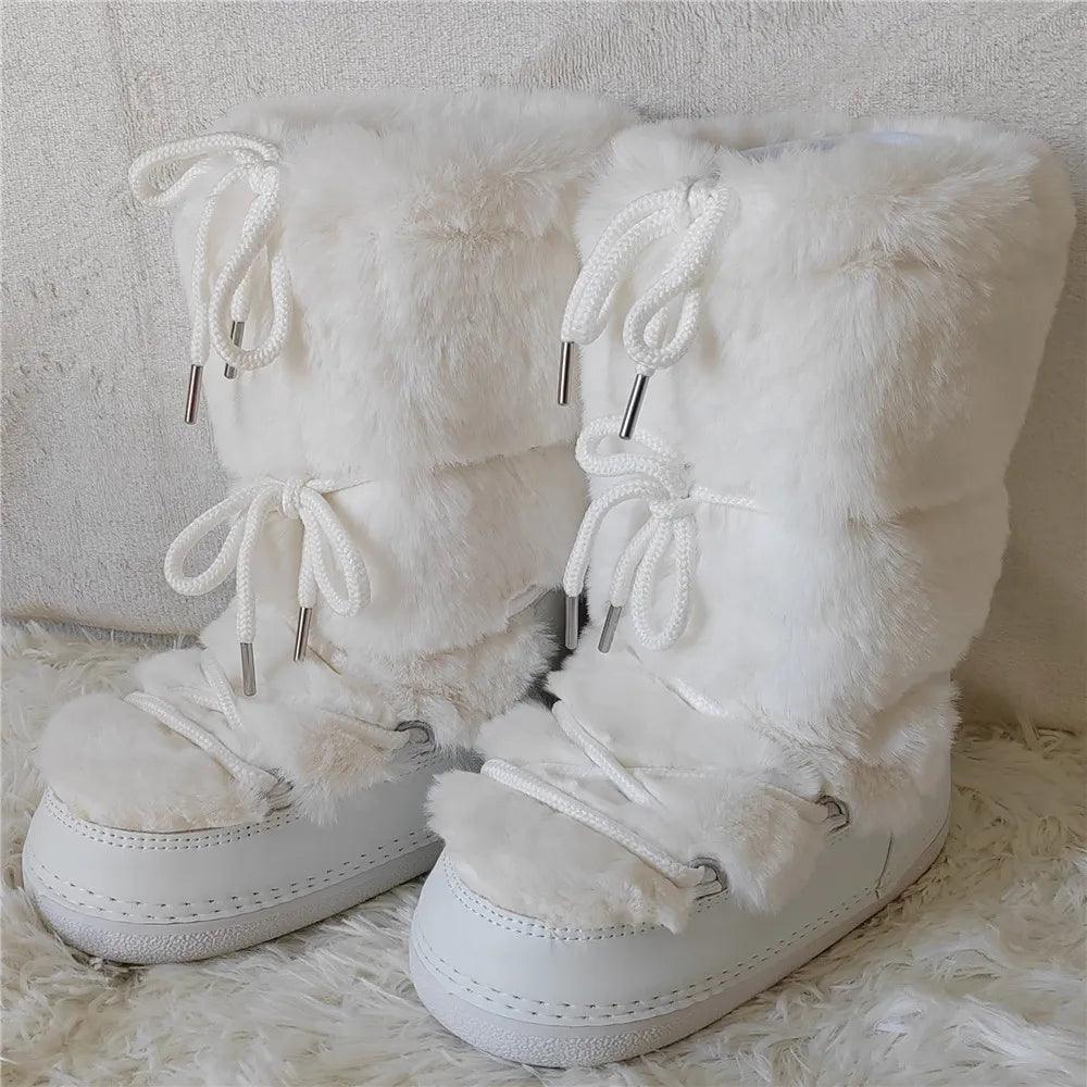 Luxury Winter Rabbit Fur Long Boots – Warm Fluffy Platform Ski Boots - JVMCL