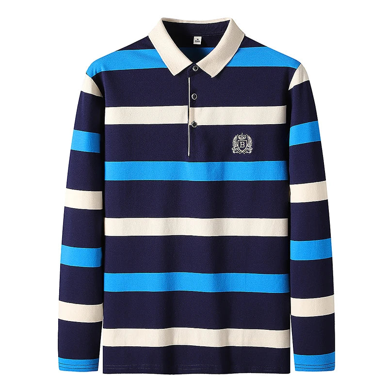 Men’s Cotton Long-Sleeve Striped Polo Shirt – Casual Business Fashion Sweater