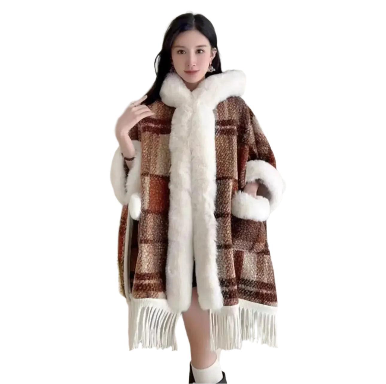 Hooded Overcoat Plaid Faux Lamb Fur Women’s Long Thick Velvet Poncho Cloak - JVMCL