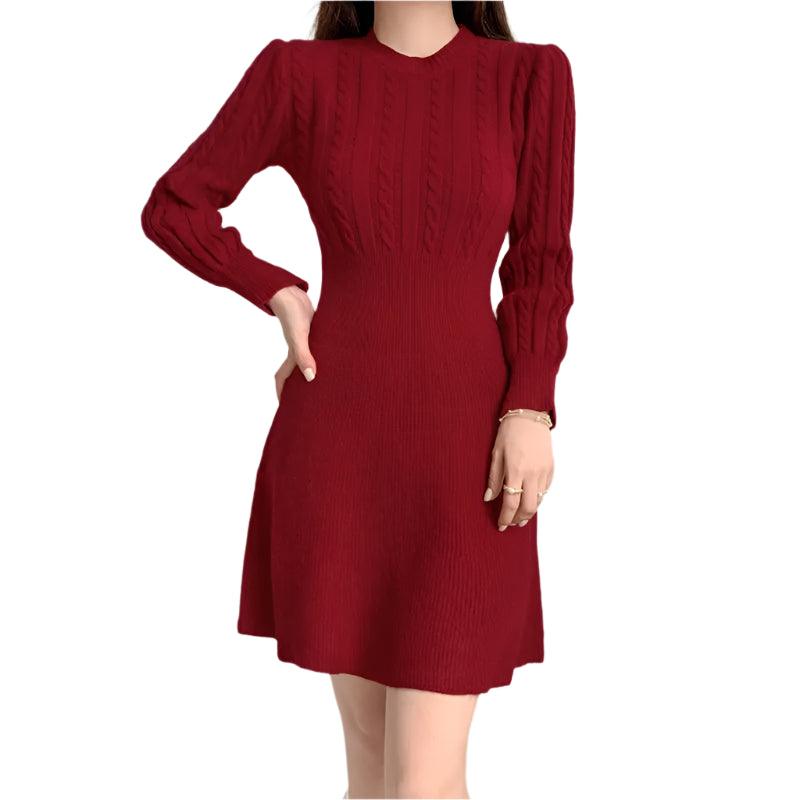 Chic Feminine Korea Winter Spring Women Office Lady O-Neck Knitted Sweater Dress - JVMCL