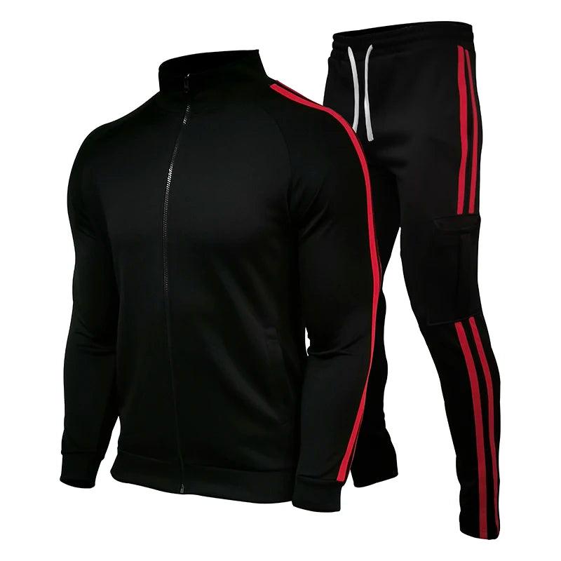 Men’s Striped Stand-Collar Cardigan Outdoor Jogging & Cycling Sports 2 Piece Set - JVMCL