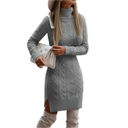 Warm Knitted Mini Dress for Women - High Neck Slim Wool Winter Fashion