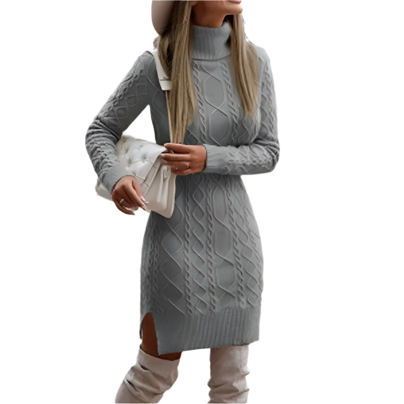 Warm Knitted Mini Dress for Women - High Neck Slim Wool Winter Fashion