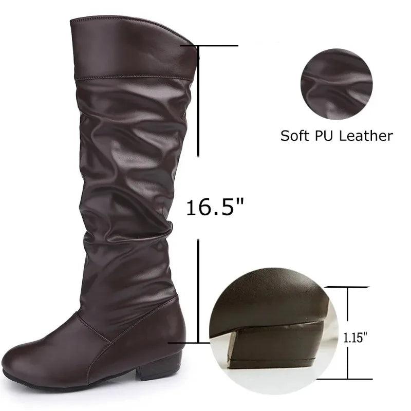 Women's PU Leather Knee-High Boots - Winter Casual Fashion Low-Heel Slim Boots - JVMCL