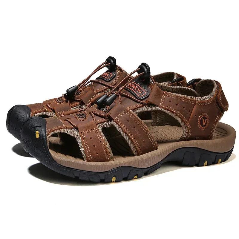 Hollow Breathable Genuine Leather Men's Slippers Outdoor Sandals - JVMCL