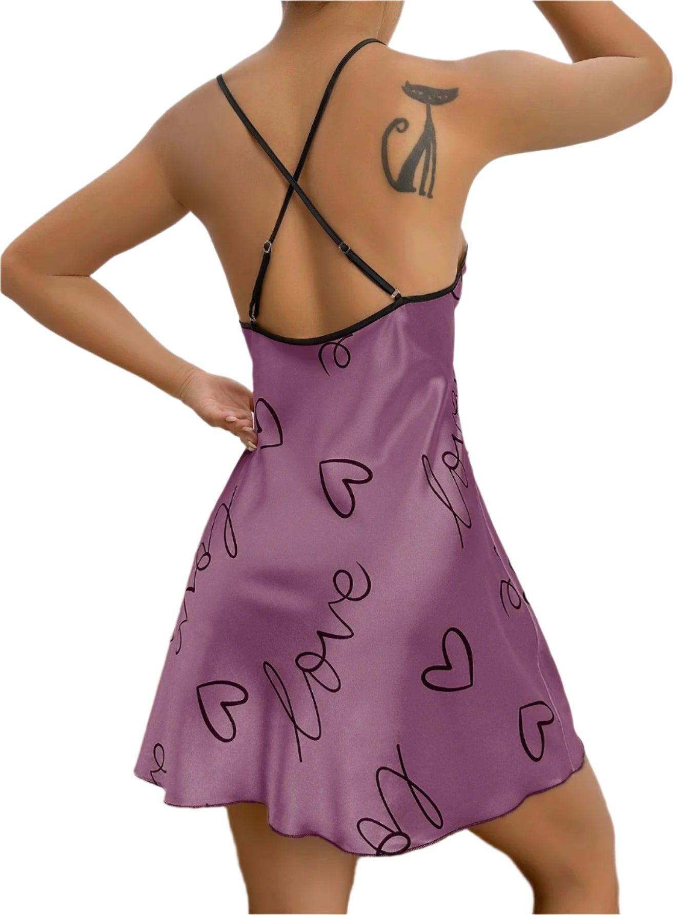 Heart Print Criss-Cross Back Nightdress - Elegant Scoop Neck Sleepwear - JVMCL