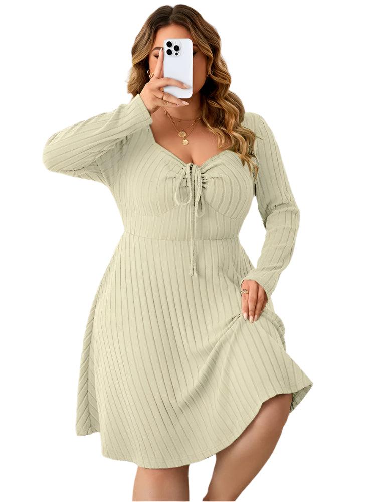 Long Sleeve Ribbed Plus Size Sweetheart Neck Knot Front A-Line Dress - JVMCL