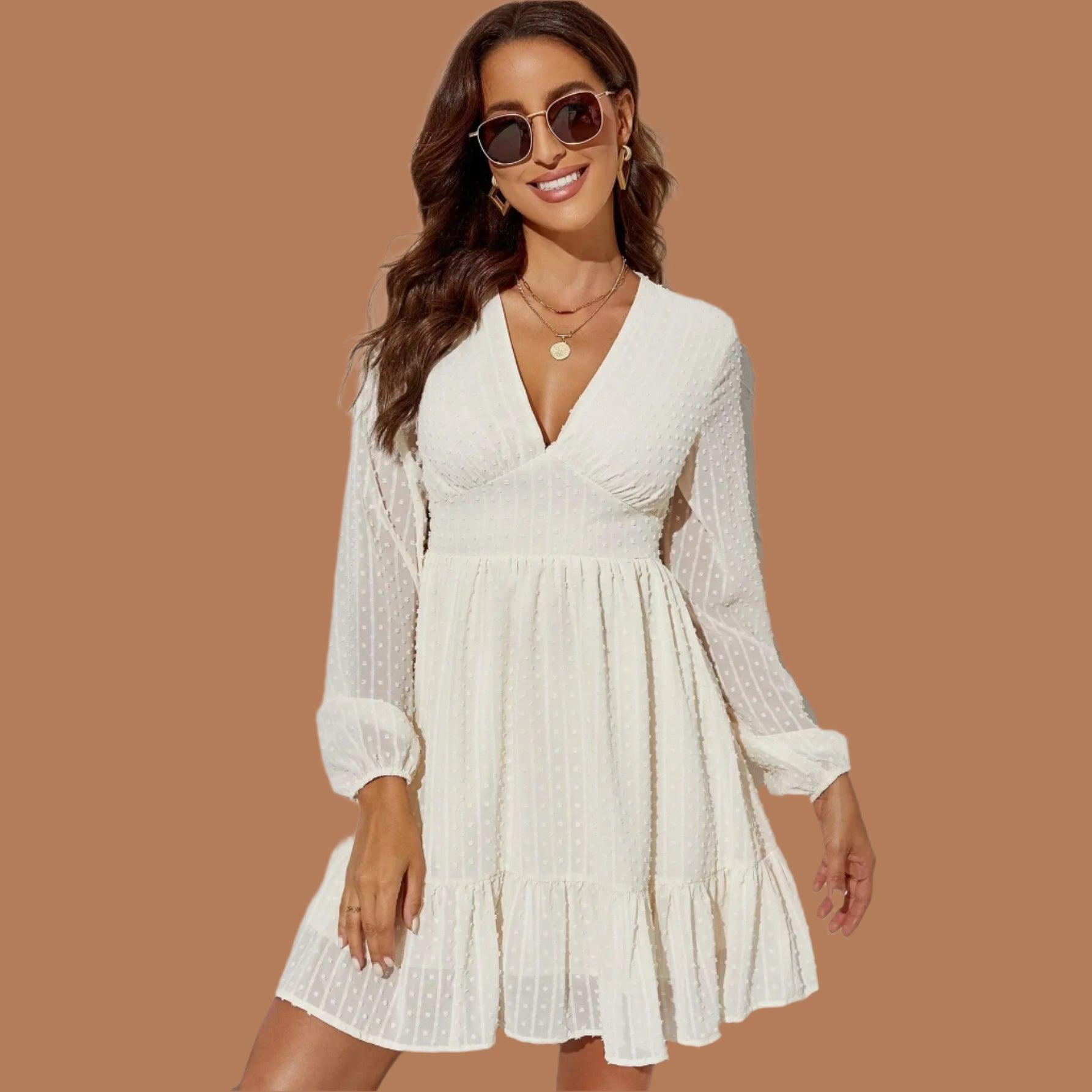 Lantern Sleeve Solid Color Long Sleeve V-Neck High Waist Women's Short Dress - JVMCL