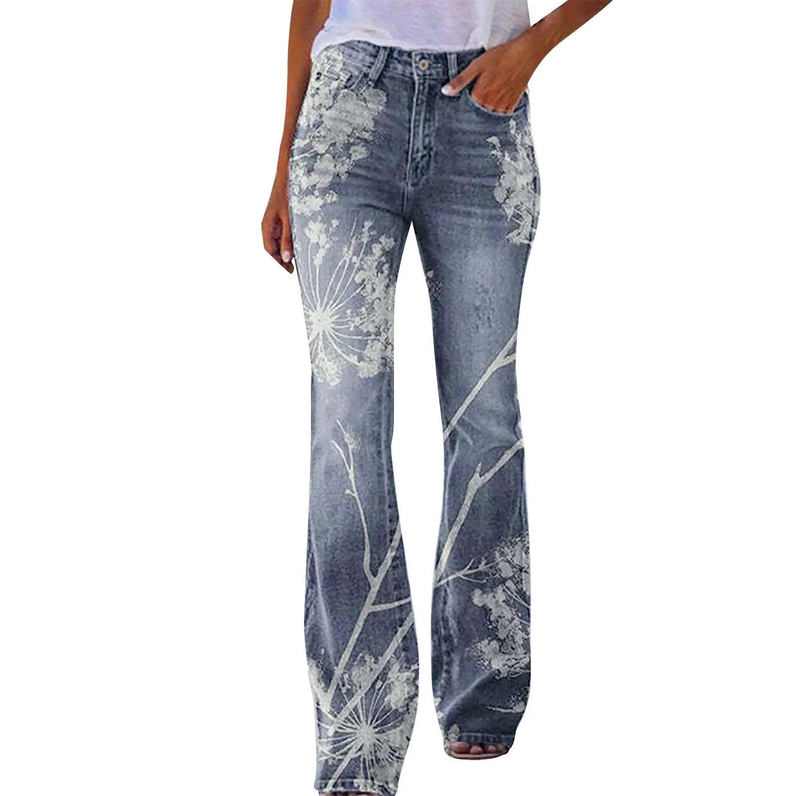 Elegant Floral Printed High-Waist Flare Jeans – Plus Size S-5XL - JVMCL