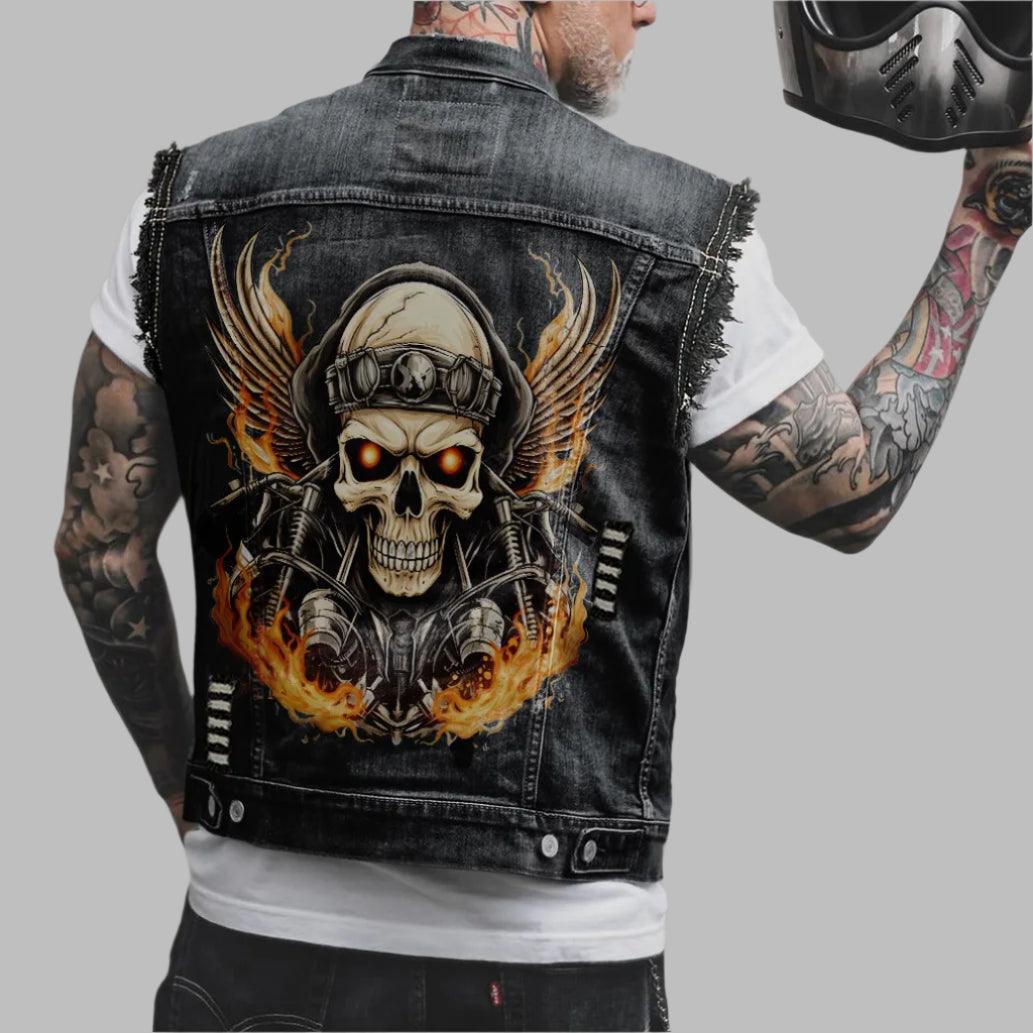 Comfort Stylish Street Riding 3D Print Sleeveless Denim Waist Vest Coat for Men - JVMCL