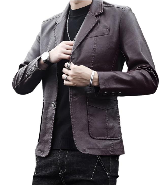 Men's Business Casual Leather Jacket – Slim Fit Suit Collar Coat - JVMCL