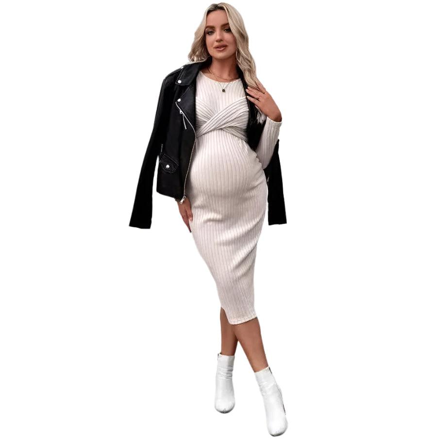 Elegant Knit Maternity Dress –Slim Fit Solid Color Long Sleeve Sheath for Autumn - JVMCL