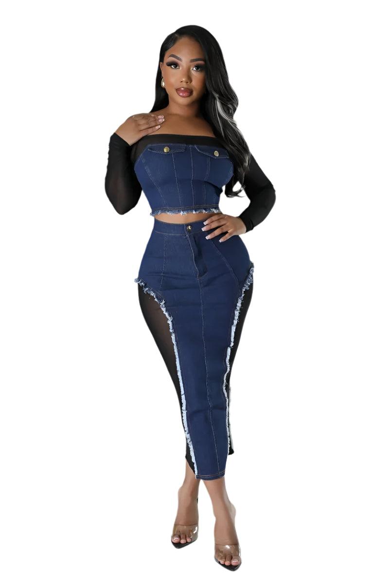 Elegant Mesh Patchwork Denim Dress Set – 2-Piece Clubwear Outfit for Women - JVMCL