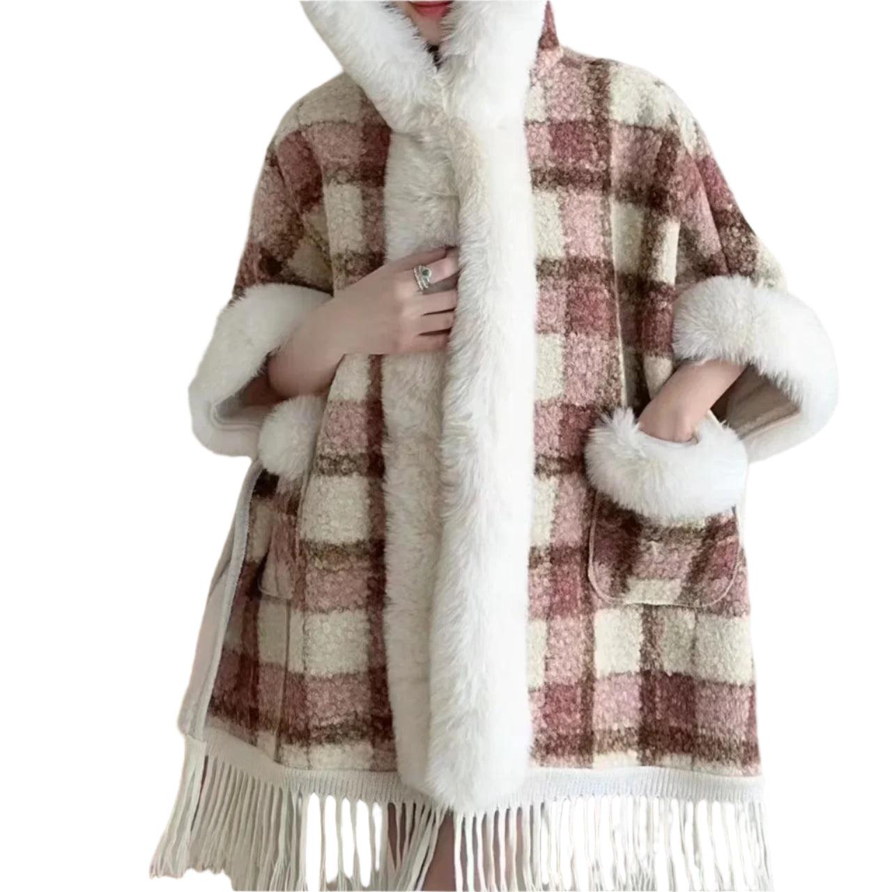 Hooded Overcoat Plaid Faux Lamb Fur Women’s Long Thick Velvet Poncho Cloak - JVMCL