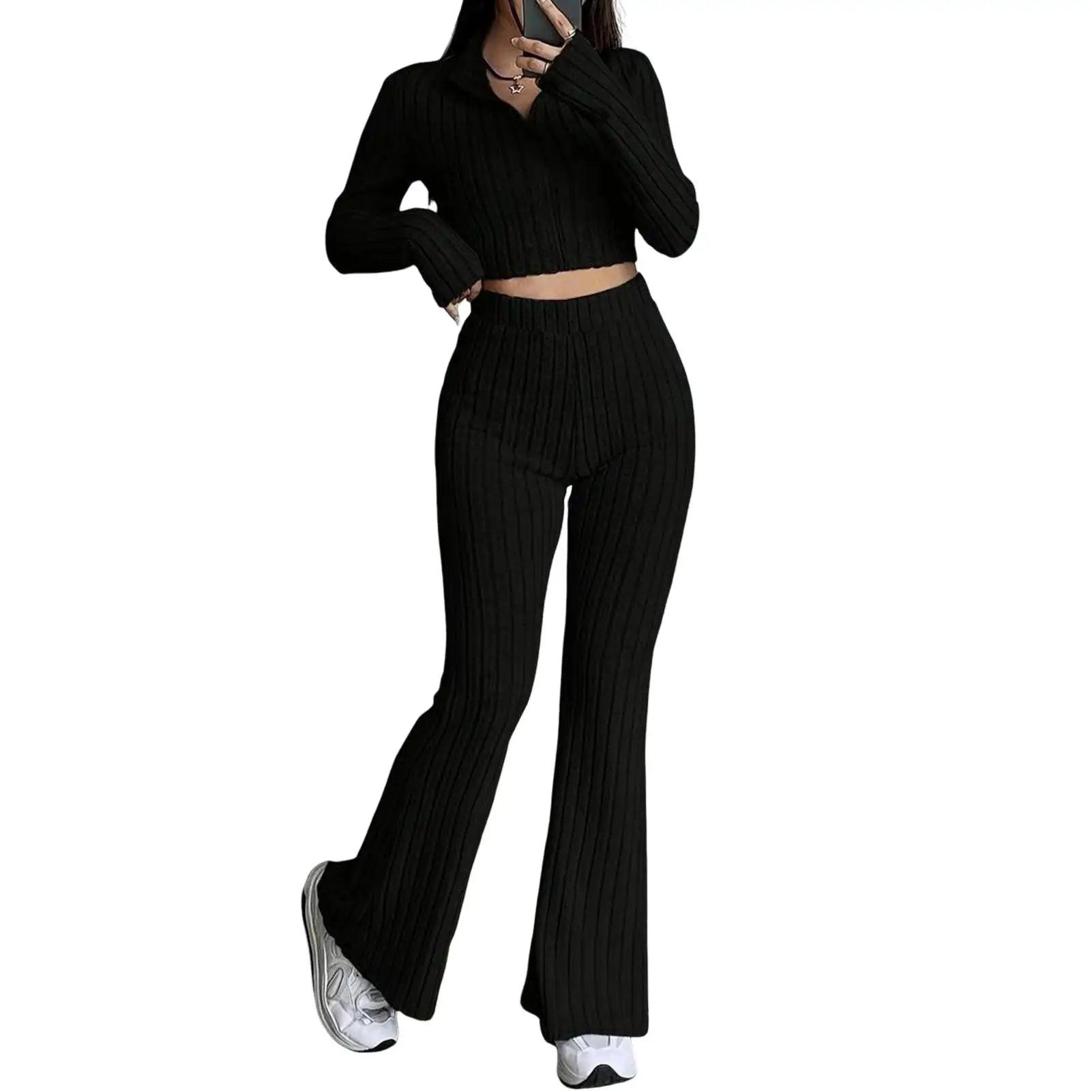 2 Pcs/Set Knitted Cozy andStylish Elegant Half-High Collar & Flare Pants Set - JVMCL