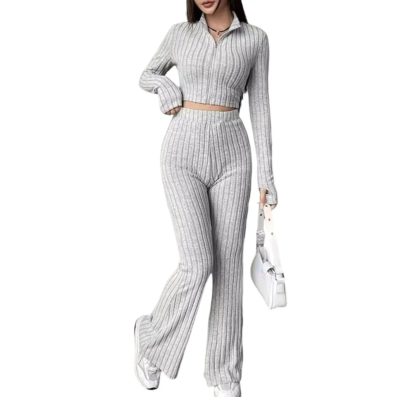 2 Pcs/Set Knitted Cozy andStylish Elegant Half-High Collar & Flare Pants Set - JVMCL