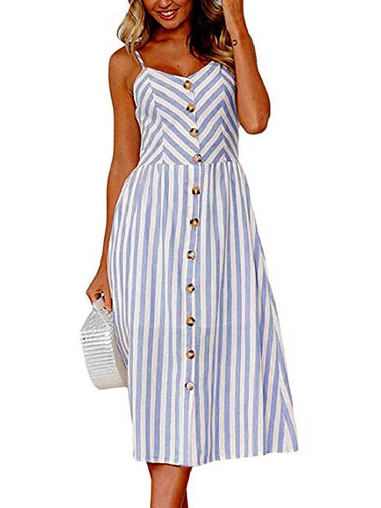 Elegance and Vintage Striped Floral Button-Up Boho Midi Sundress - JVMCL