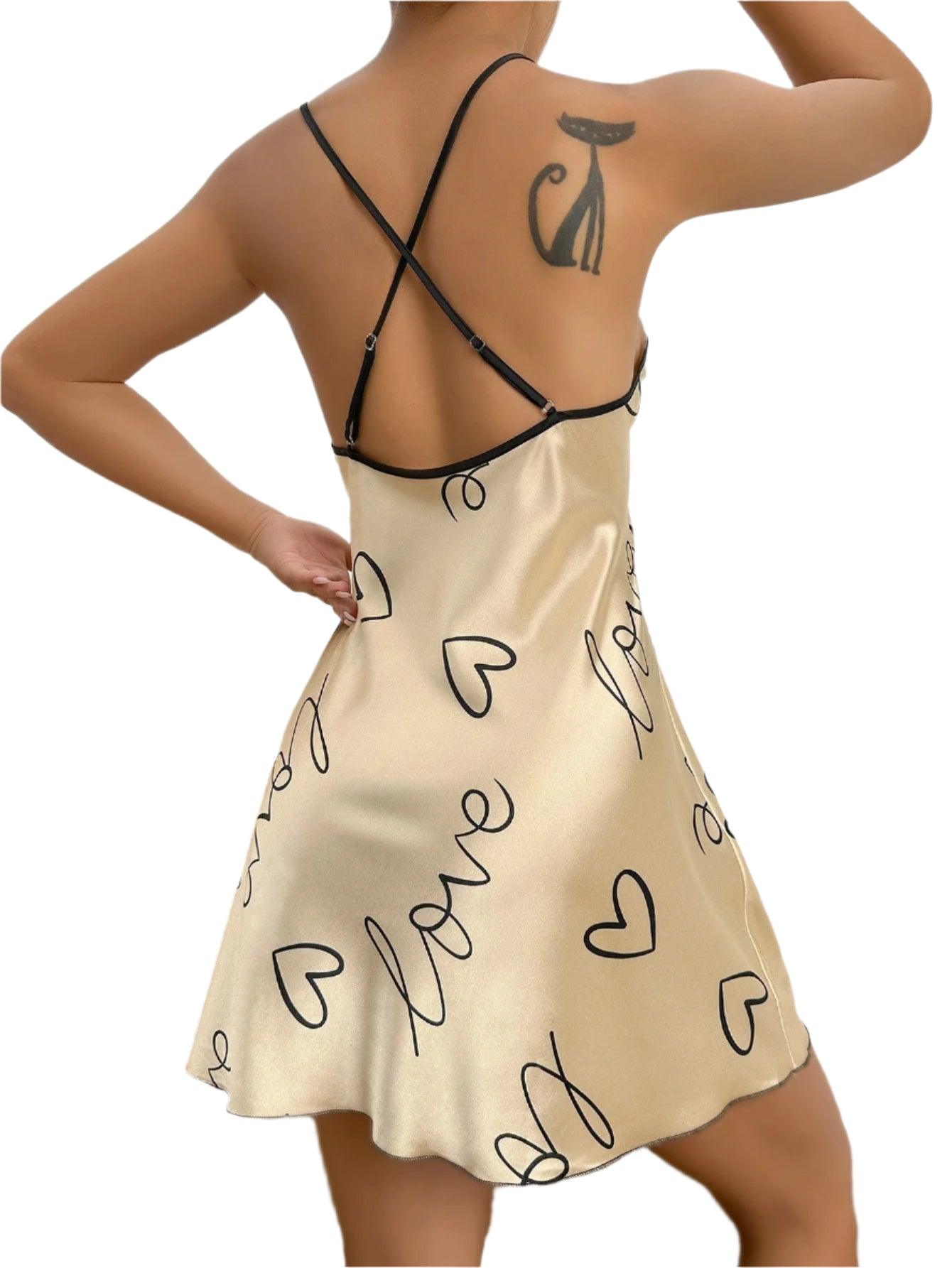 Heart Print Criss-Cross Back Nightdress - Elegant Scoop Neck Sleepwear for Women - JVMCL