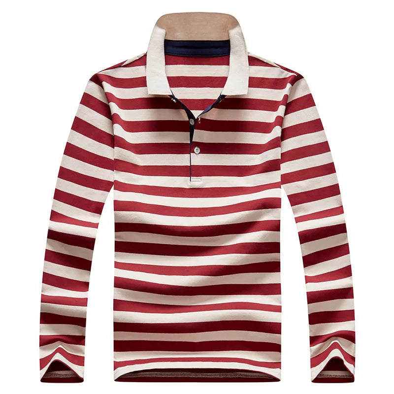 Men’s Cotton Long-Sleeve Striped Polo Shirt – Casual Business Fashion Sweater