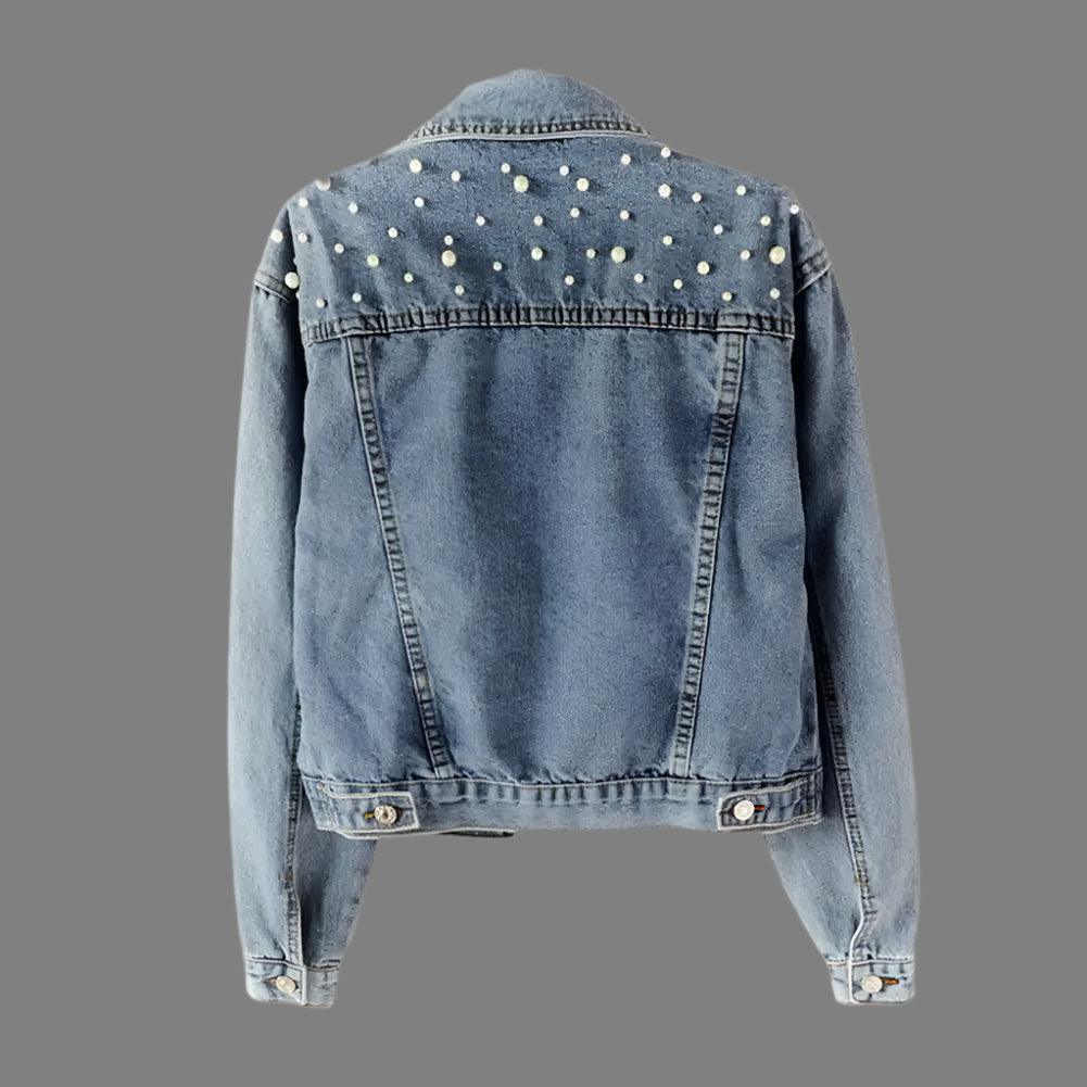 Autumn Fashion Women’s Denim Jacket - Pearl Decorated Loose Short Casual Cardigan - JVMCL