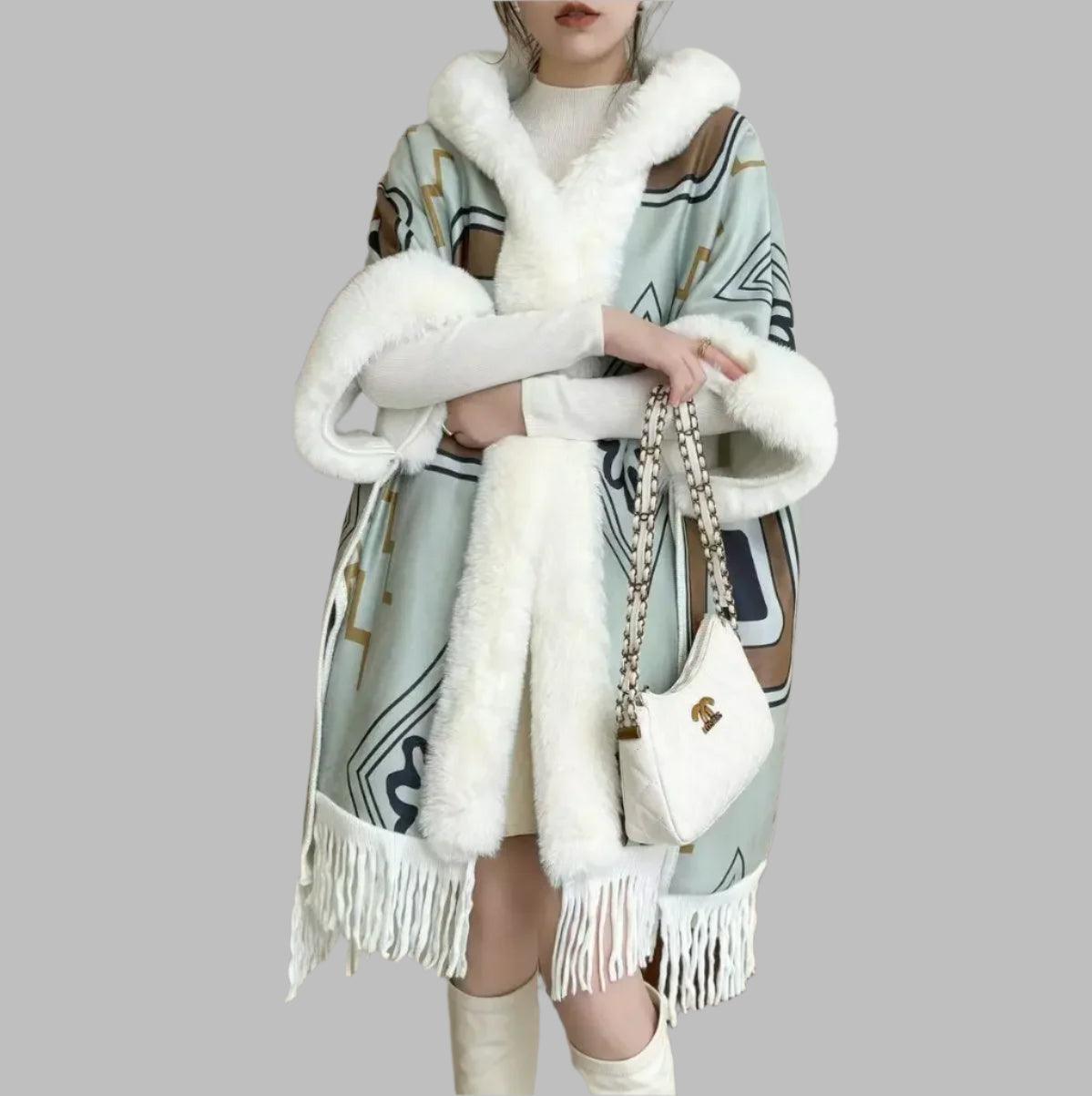 Luxury Woolen Hooded Cloak – Fall/Winter Fur Collar Poncho for Women - JVMCL