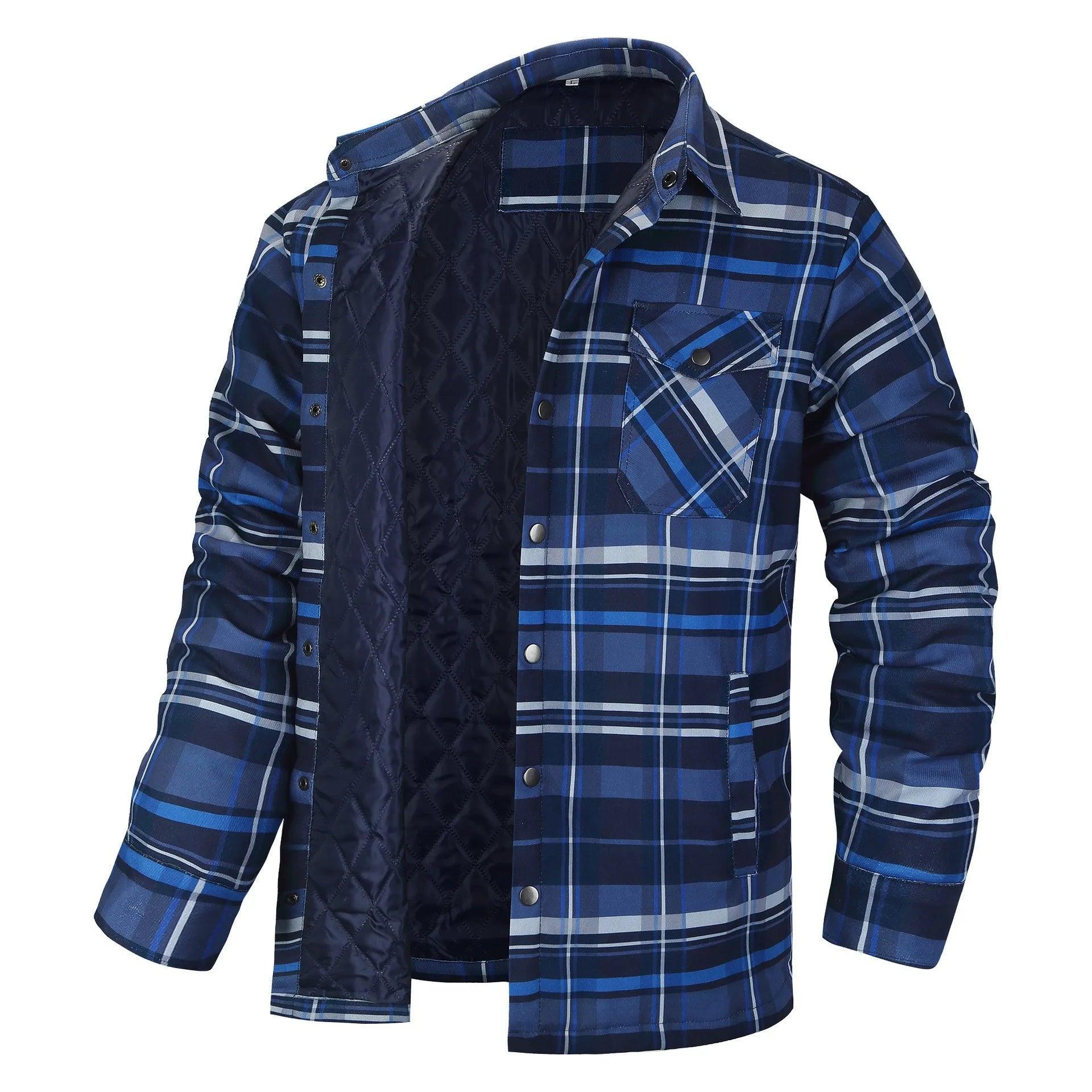 Men’s Plaid Long-Sleeve Winter Jacket – Thick Lapel Bomber Coat for Autumn & Winter - JVMCL